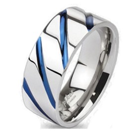 Bungsa Titanium Ring Silver/Blue - Titanium Ring with Blue Stripes for Men and Women - Silver/Blue Women's Ring / Men's Ring - Jewellery Ring for Men and Women - Blue Stripes Titanium Rings, Titanium,