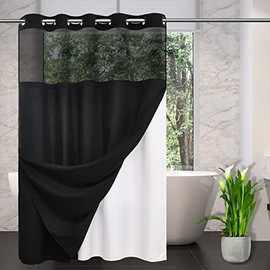 CYPL No Hooks Needed Waffle Weave Shower Curtain with Snap in Fabric Liner Set, Hotel Style with See Through Top Window Shower Curtains for Bathroom,Waterproof & Washable , Weighted,71Wx74L ,Black