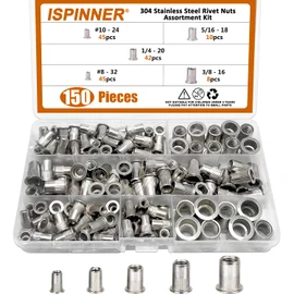 ISPINNER 150pcs #8-32, 10-24, 1/4"-20, 5/16"-18, 3/8"-16 Stainless Steel UNC Rivet Nuts, Flat Head Threaded Insert Assortment Kit