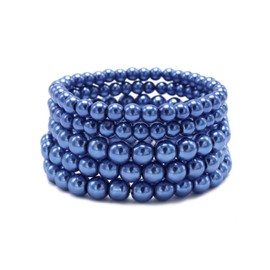 Cryshimmer 5 Pcs Faux Pearl Bracelet Set for Women Beaded Stretch Strand Bracelets for Bridesmaid,Bridal,Party Jewelry (Dark Blue)