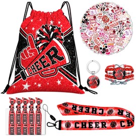 FORATIO Cheerleading Drawstring Bag Gift Set Including Drawstring Sackpack Stickers Lanyard Keychains Bracelets Hair Ties 6 Pcs(Red)