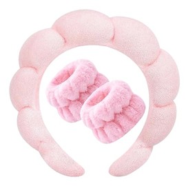 iBasics 3-Pack: Non Slip Bubble Spa Headband Wear for Washing Face Makeup Skincare with Wristbands - Pink