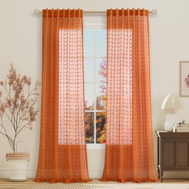 Jowels Burnt Orange Sheer Curtains 90 Inches Long for Living Room Bedroom Boho Pom Pom Curtains 2 Panels Set, Back Tab Rod Pocke Curtain Easy to Install Semi Sheer Modern Aesthetic Drape,52x90