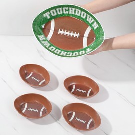 UP UPware Football Bowl Set, Touchdown Themed Snack Serving Bowls with 1 Large Oval Bowl and 4 Small Football-Shaped Bowls, Melamine, Green and Brown, Set of 5
