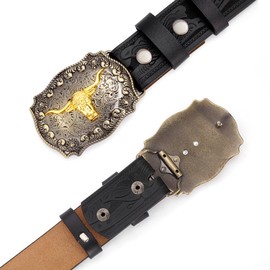 BISON DENIM Mens Western Leather Cowboy Belt - Longhorn Cow Pattern Buckle with Floral Longhorn Bull Texas Buckle Belts