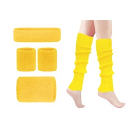 80's Retro Running Jogging Sports Headband Wristbands Leg Warmers Elbow Guard Set for Women Girls, Yellow One Size