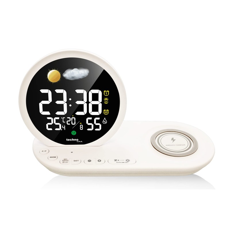 Technoline WT 427 LED-Wecker mit drahtloser Ladefunktion und USB-Ladeanschluss Weiß