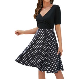 oxiuly Women's Chic Criss-Cross V-Neck Half Sleeve Polka Dot Cotton Stretchy Casual Swing Midi Summer Dress OX233 (XL, BK-dot 5)