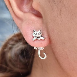 TseenYi Cat Ear Jacket Earrings Silver Cat Earrings Cartoon Cat Stud Earrings Cute Cat Front Back Earrings Cat Cartoon Jacket Earrings Jewellery for Women and Girls Gifts, Silver