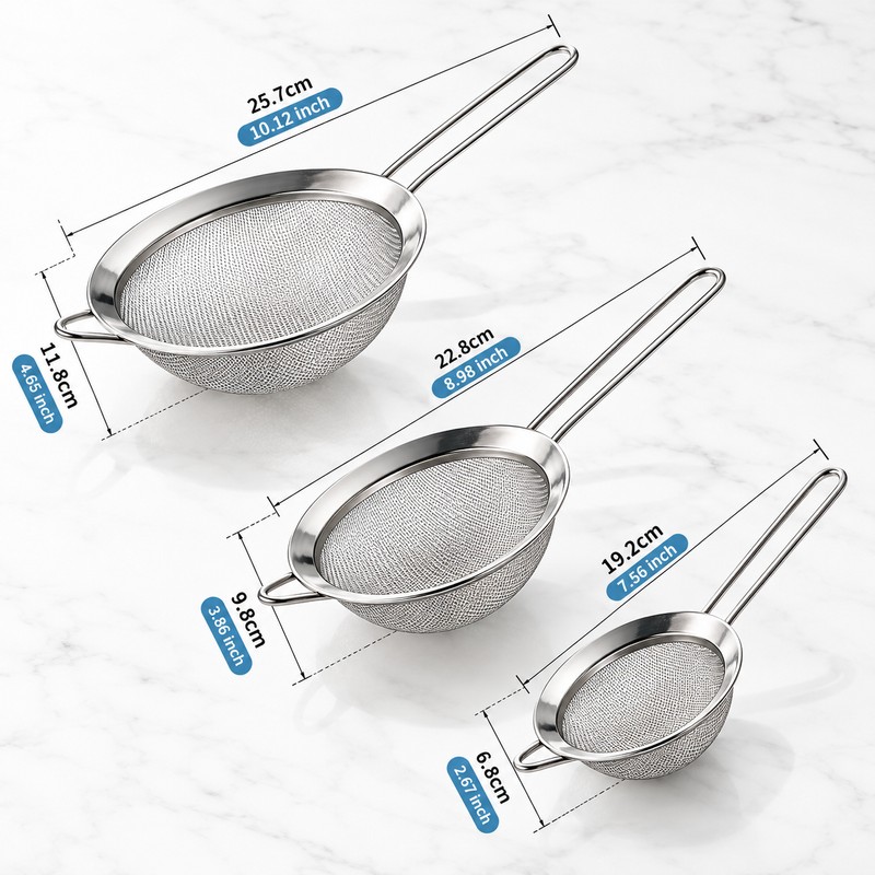 3-Piece Fine Mesh Stainless Steel Strainer Set for Kitchen Use