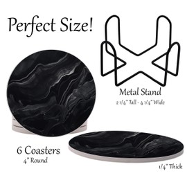 Dark Black Marble Round Coasters Set of 6 - Abosrbent Ceramic Coasters with Metal Stand for Drinks, Coffee, Non-Slip Cork Back for Tabletop Protection, 4 Inches Marbled Pattern (Black)