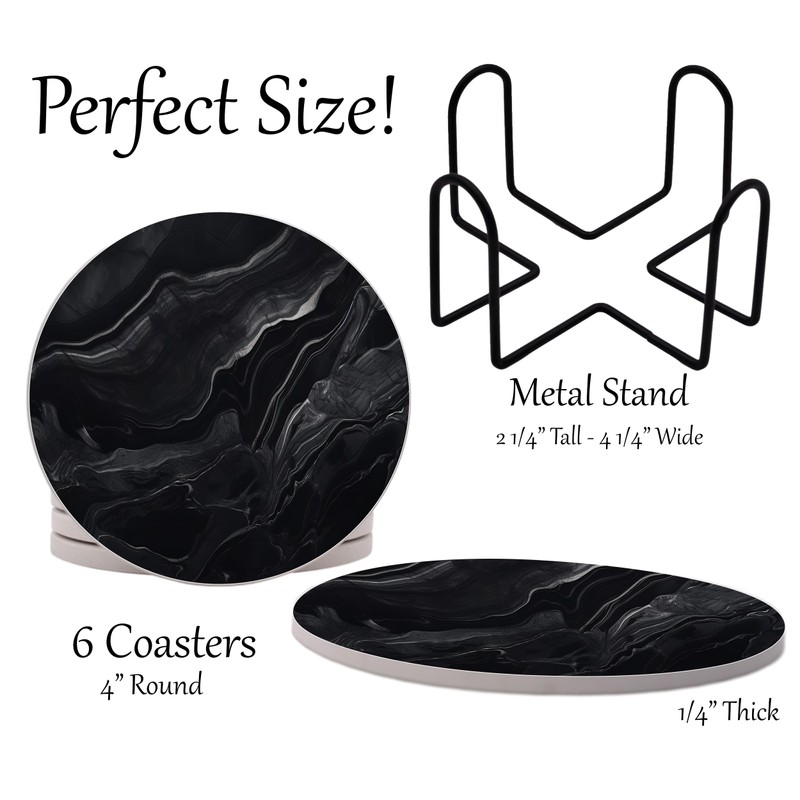 Dark Black Marble Round Coasters Set of 6 - Abosrbent