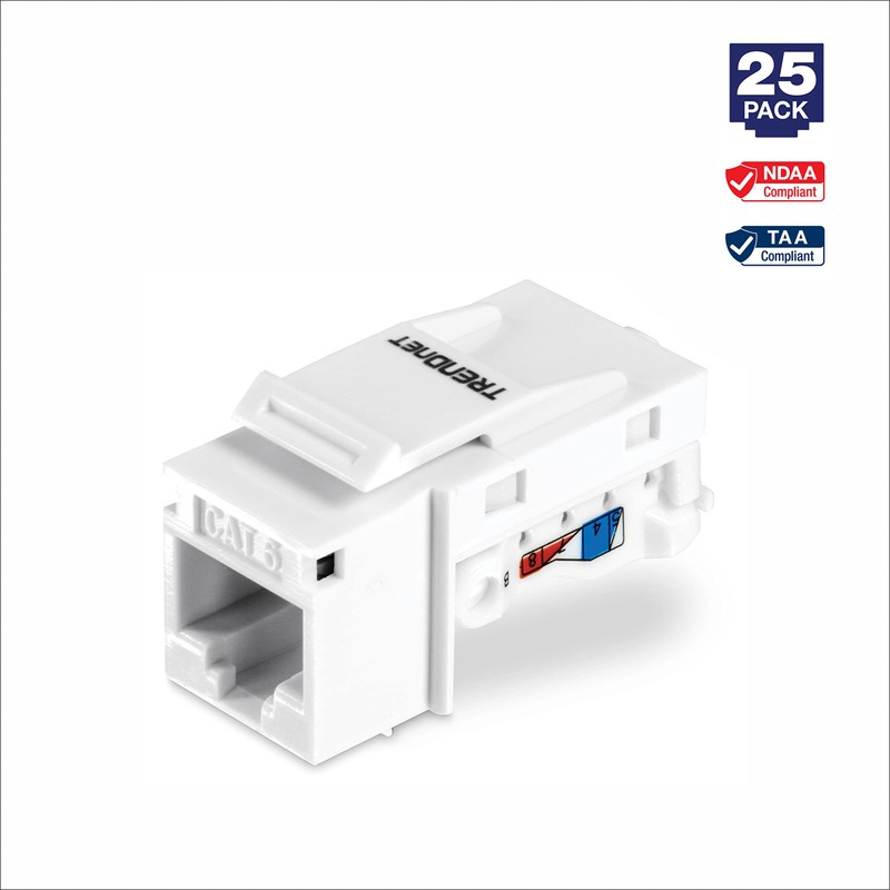 TRENDnet Cat6 Keystone Jack, 25-Pack Bundle, 90° Angle Termination, Compatible