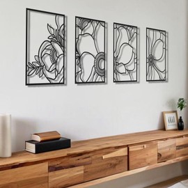 4 Pack Flower Wall Decor, Black Metal Wall Art, Minimalist Single Line Floral Wall Art, 3D Hollow Abstract Flower Hanging Wall Decor, Wall Sculptures for Kitchen Bedroom Living Room