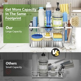 Cisily Silver 2-Tier Kitchen Sink Caddy Organzier Rack with Flexible Dish Brush Holder, Sponge Holder for Kitchen Sink Countertop Organization Storage,Home Decor Stainless Steel