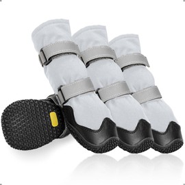 OHCOZZY Anti-Slip Dog Shoes with Reflective Straps, High Dog Boots Waterproof, Wear-resistant Leather Rubber Sole Dogs Paw Protector for Small Medium Large Dogs 4 Pcs(L, Grey)