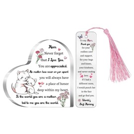 Mom Gifts Mommy Present Mother's Day Gift 2PC Set Acrylic Heart Plaques Bookmark Women Gift Mummy Desk Signs Christmas Birthday for Her Thanksgiving New Year Mum Page Markers Reading Accessory