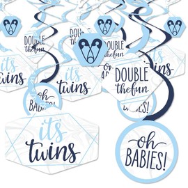 Big Dot of Happiness It’s Twin Boys - Blue Twins Baby Shower Hanging Decor - Party Decoration Swirls - Set of 40