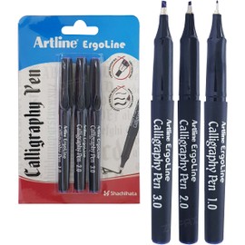 ARTLINE Ergoline Calligraphy Pens Sharp Line (3 x 1.0 2.0 3.0mm Chisel Tip BLUE Pens + 1 x ZOFAX Ball BLACK Pen)