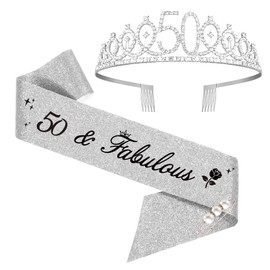 50th Birthday Sash and Tiara, 50 Birthday Rhinestone Crown Birthday Gift for Girls 50th birthday decorations (Silver)