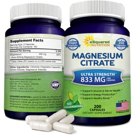 aSquared Nutrition Magnesium Citrate 833mg Supplement - 200 Capsules - Max Strength Vegan Mag Citrate Powder Pills to Support Pure Function of Muscles, Heart & Bones - Helps Increase Energy