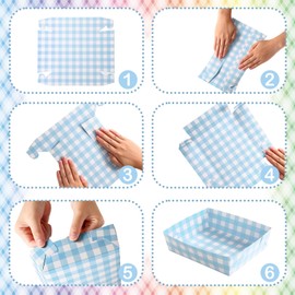 Suclain 36 Pack Light Blue and White Gingham Paper Trays 5 lb Grease Resistant Large Snack Serving Trays Disposable Food Boats for Christmas Wedding Party Baby Shower Supplies