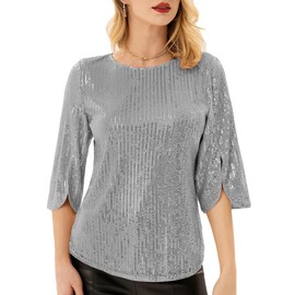 GRACE KARIN Women's Sparkle Sequin Party Blouse Tops Shimmer Glitter 3/4 Slit Sleeve Dressy Tops Silver Grey