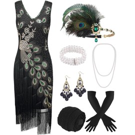 ELFIN 20s Dresses Flapper Dress Women's Vintage 1920s Costume Dresses Sequins Fringe Gatsby Dress 20s Accessories with Headband, Headwear, Long Black Gloves, Necklace