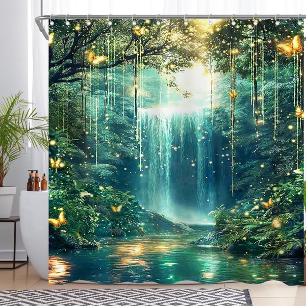 Luminora Spring Enchanted Forest Shower Curtain for Bathroom Waterfall Stream