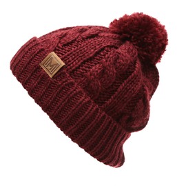 MIRMARU Winter Oversized Solid Color Cable Knitted Pom Pom Beanie Hat with Fleece Lining.(Burgundy)