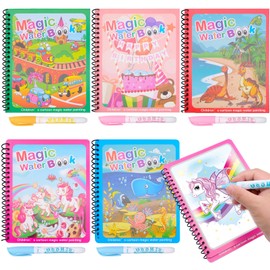 JJQHYC Pack of 5 Water Colouring Books, Magic Water Colouring Book, Reusable Colouring Book for Children, Water Painting Book with Pen, Magic Colouring Book for Drawing, Water Magic Colouring Book