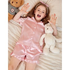 Arshiner Girls Pajamas Silk Satin Pajama Set 2 Piece Button Down Pjs Ruffle Sleepwear Lotus Root Pink 12-13 Years