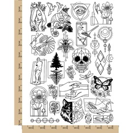 Geometric Shapes Flowers Animals Temporary Tattoo Water Resistant Fake Body Art Set Collection - Black (One Sheet)