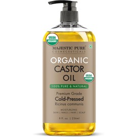 MAJESTIC PURE Usda Aceite De Ricino Orgánico Sin Hexano Y 100% Puro Prensado En Frío Estimular El Crecimiento Del Cabello, Pestañas, Cejas, Uñas Hidratante Y Nutritivo Cuerpo, Cabe
