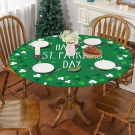 Siilues St Patricks Day Fitted Tablecloth Best for 45"-56" Round, Lucky Shamrock Home Decor Table Cloth Green Seasonal Spring Table Cover