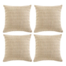 Fancy Homi 4 fundas de cojín decorativas, suaves, afelpadas, decoración del hogar, sala de estar, sofá, sofá cama, estilo rústico bohemio, pana, a rayas, cuadrados, beige, 50 x 50 cm