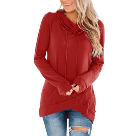 Fallorchid Womens Cowl Neck Tunic Tops Long Sleeve Pullovers Casual Drawstring Sweatshirts Red