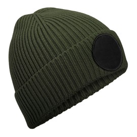 Beechfield B332 Round Fashion Patch Beanie Hat, Olive Green/Black