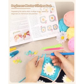 Katech Blanket Crochet Kit for Beginners, Granny Square Crochet Blanket Kit for Adults Learn How to Crochet Daisy Granny Squares Blanket, w/Step-by-Step Tutorials Crochet Starter Kit Macaron Color