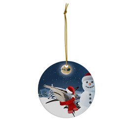 Festive Winter Night Pet and Snowman Ornament - Hammerhead Shark Christmas Ornament Circle Ceramic - Funny Holiday Xmas Tree Decoration Gifts for Shark Lovers