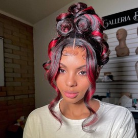 YOKADA HAIR Highlight Red with Natural Black Color Transparent HD Lace Front Wigs 100% Brazillian Human Hair Wig Loose Wave Style for Black Women （16inch ，13X4 Lace Front/Highlight Red）