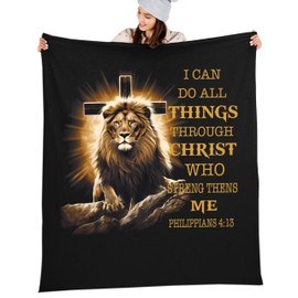 I Can Do All Things Through Christ Fleece Blanket P132, Christian Blanket for Men, Jesus Religious Faith Lion Cross Fleece Blanket 60x80