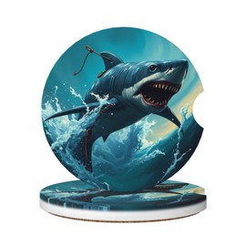 Neukim 2 Pack Blue White Shark Wave Car Cup Holder Coasters, 2.56 Inch Nautical Theme Anti Slip Ceramic Absorbent Coaster with Cork Base and Finger Notch Car Accessories Interior for Women & Men