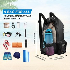 flintronic Swimming Bag, Waterproof Swim Bag Sport Gym Bag, Drawstring Mesh Bags, Large Swim String Backpack with Wet & Dry Compartment, Swimming Equipment Bag for Men Women Beach, Gym, Sport, Black