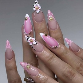 24Pcs French Tip Press on Nails 3D Flower Fake Nails Artificial Glossy Almond False Nails Full Cover Fake Nail Glue on Nail for Women Artificial Removable Acrylic Nail Daily Wear Niche Design
