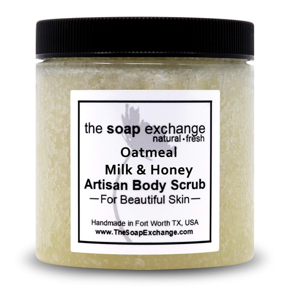 The Soap Exchange Sea Salt Body Scrub - Oatmeal, Milk & Honey Scent - Hand Crafted 8 fl oz / 240 ml Natural Artisan Skin Care, Shea Butter, Exfoliate, Moisturize, & Protect. Made in the USA.