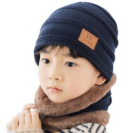 TMEOG Winter Hat Children's Scarf Gloves Set Beanie Hat Toddler Loop Scarf with Fleece Lined Warm Children's Hat Gloves Tube Scarf Knitted Hat for Boys Girls 3-14 Years, C# Hat&Scarf_Blue,3-10 Years