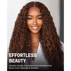 Megalook hair Glueless Wigs Human Hair Pre Plucked Pre Cut 6x5 HD Lace Closure Wig Chocolate Brown Deep Wave Lace Front Wigs Wear and Go Glueless Brown Curly Wig Human Hair 20 Inch 4#