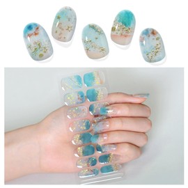 SILPECWEE Semi Cured Gel Nail Strips (Gold Coast - 16 PCS), Gel Nail Stickers Full Nail Wraps Need UV Light, Salon Quality & Easy to Use - with 2 Prep Pads, Nail File, Wood Stick