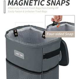 HOTOR Car Trash Can, Multifunctional Car Accessory for Interior Car Stuff Storage with Compact Design, Waterproof Car Organizer and Storage with Adjustable Straps, Magnetic Snaps, 2 Gallons, Gray